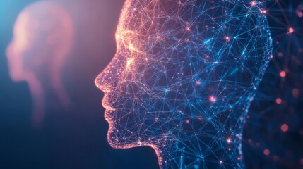 Digital human head with neural connections, illustrating artificial intelligence and futuristic technology.