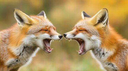 Obraz premium Two foxes are facing each other with their mouths open, AI