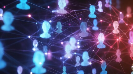 Digital representation of social network connections with blue and pink avatars linked by lines and dots in a virtual space.