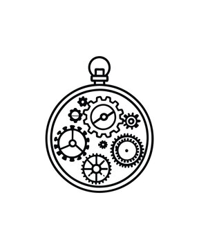 recommend clip art: Line art illustration of an antique pocket watch disassembled, showing its gears and mechanics.