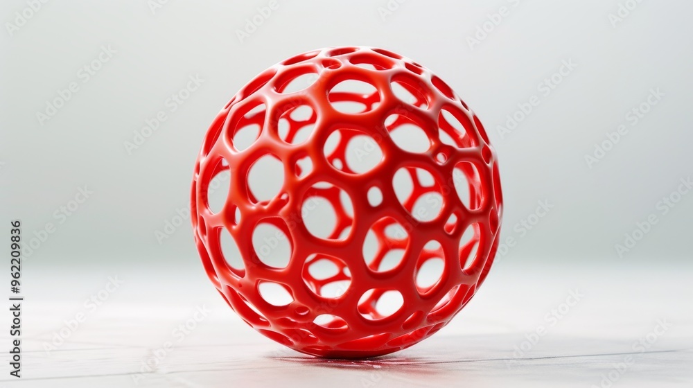 Poster a red hollow spherical object with an intricate pattern of circular holes is centered against a ligh
