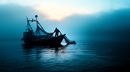 Silhouette of a fisherman hauling in a net on a fishing boat at dawn