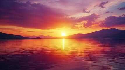 Obraz premium A vast expanse of water stretches out, bathed in the warm colors of sunset, with towering mountains standing majestically on the opposite shore