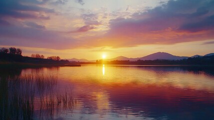 Naklejka premium A serene lake at dusk with majestic mountain views and fluffy cloud formations above