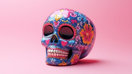 A vibrant sugar skull features intricate floral designs in bold colors, set against a soft pink backdrop, showcasing festive artistry.