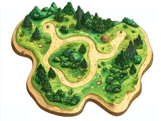 A detailed illustration of a fantasy map showing a winding path through a forested landscape with hills and trees.
