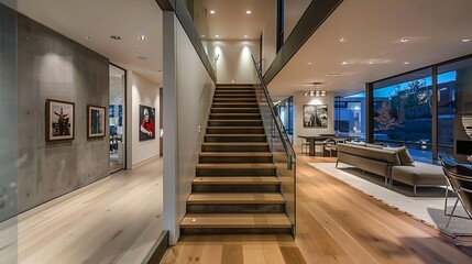 Fototapeta premium Modern Interior Design with Wooden Stairs and Glass Railing