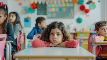A young girl sits at her desk in an elementary school classroom, looking bored and tired