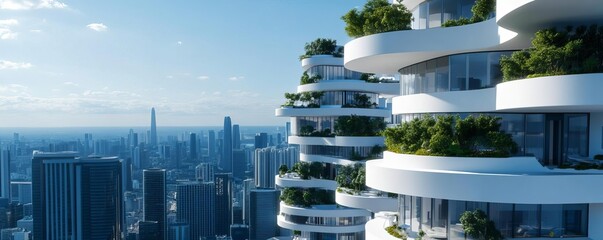 Futuristic cityscape with buildings made from advanced biomaterials, sustainable architecture, bio-inspired construction