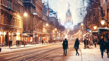 Snowy city streets in festive decorations during a snowfall. Christmas concept. New Year and...