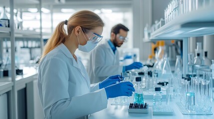 Fototapeta premium Laboratory setting with scientists working on biodegradable electronics, biomaterials in technology, future of green tech