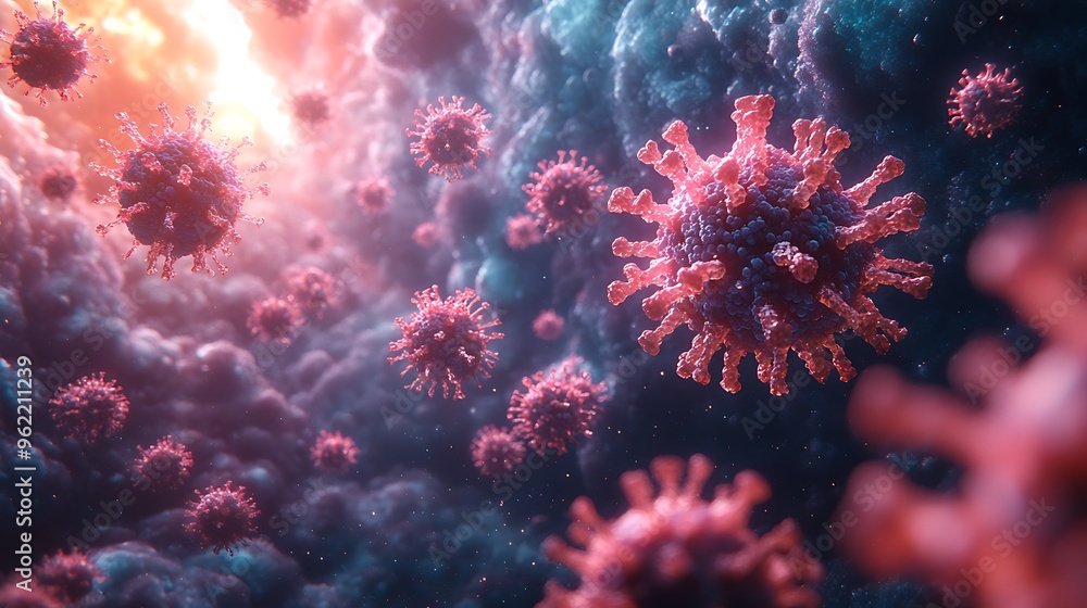 Aufkleber a microscopic view of numerous pink coronavirus particles with spikes floating in a hazy blue and re