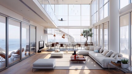 Obraz premium Modern Luxury Living Room with Panoramic Ocean Views