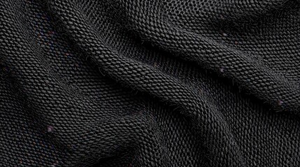 Dark woven fabric texture, close-up view of natural cotton or linen, showcasing a rich black background with intricate patterns and soft fibers for a sophisticated aesthetic.
