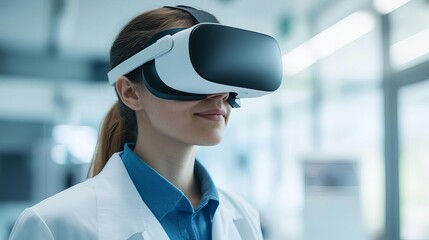 Scientist wearing virtual reality headset to simulate cell growth, biotechnology and VR, bioengineering tools