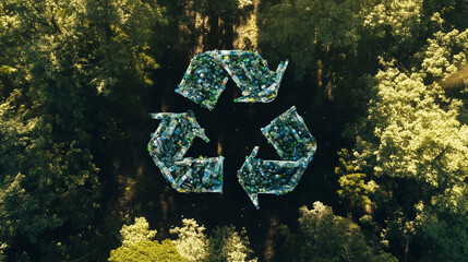 Recycling Symbol Made of Plastic Bottles in a Thriving Forest – Contrast Between Nature and Pollution