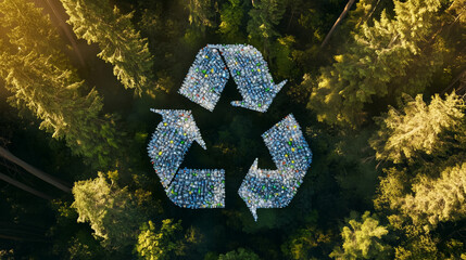 Recycling Symbol Made of Plastic Bottles in a Thriving Forest – Contrast Between Nature and Pollution
