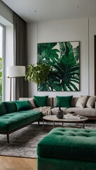 Modern living room with green accents and a palm leaf artwork on the wall.