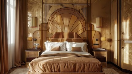 luxurious art deco bedroom bathed in soft golden light opulent textures and geometric patterns create a harmonious elegant atmosphere