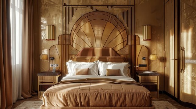 luxurious art deco bedroom bathed in soft golden light opulent textures and geometric patterns create a harmonious elegant atmosphere