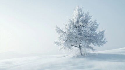 Fototapeta premium A snow-covered tree stands tall amidst a sea of white snow in a field, with snow blanketing the ground and a clear blue sky overhead