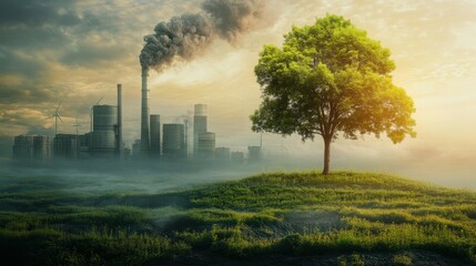 Peaceful landscape with trees, a smoky chimney, and clouds under a vibrant sky
