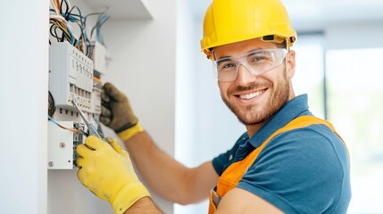 Skilled Electrician at Work, A confident electrician smiles while repairing an electrical box in a corridor, showcasing expertise and professionalism in a well-lit space.
