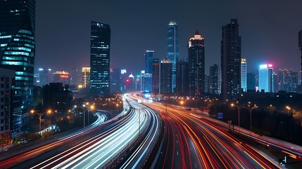 Fototapeta premium cityscape at night with illuminated road lights, megacity traffic, and long exposure effects
