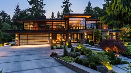 Obraz premium Modern Luxury Home with Landscaped Garden and Driveway at Dusk
