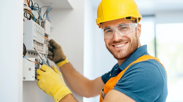 Skilled Electrician at Work, A confident electrician smiles while repairing an electrical box in a corridor, showcasing expertise and professionalism in a well-lit space.