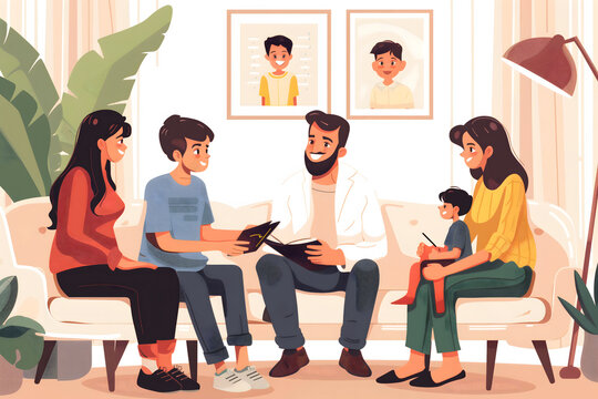 Family therapy session with a smiling therapist engaging in conversation with a family sitting on  a cozy couch in a warm, inviting room