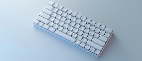 A top-down 3D view of a white, sleek wireless keyboard on a plain, neutral surface. 