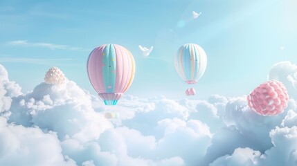 Fototapeta premium A colorful hot air balloon is flying through a cloudy sky