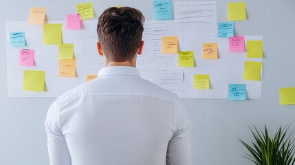 A businessman stands in front of a whiteboard covered in colorful sticky notes, representing ideas, tasks, and brainstorming during a business planning session. This image symbolizes collaboration, pr