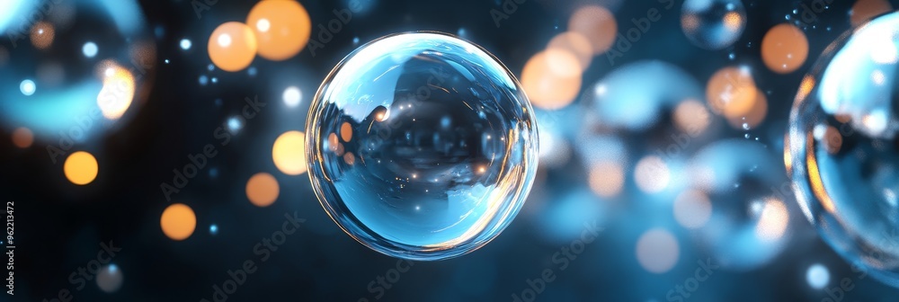 Poster a captivating abstract image featuring a large, reflective blue bubble with a subtle blur in the bac