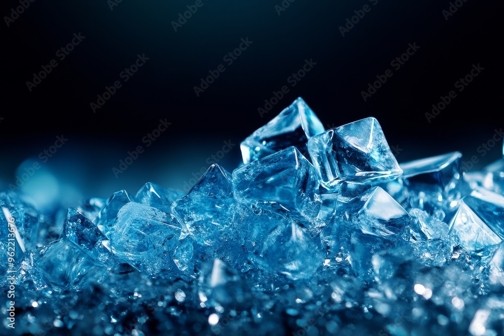 Poster a captivating close-up of ice crystals, showcasing their intricate structure and mesmerizing brillia