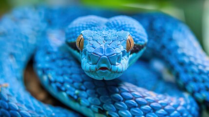 Obraz premium A vibrant blue viper with yellow eyes stares directly at the camera, its scales glistening in the sunlight.