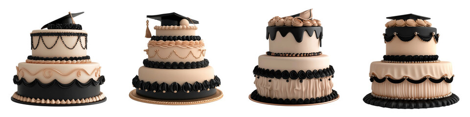 set of A 3D render of a graduation cake with black and gold colors on a transparent background