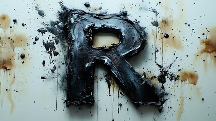 The letter 'R' painted in black paint against a white background with splatters and drips.