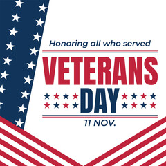 Obraz premium Happy Veterans Day sale banner. Holiday typographic poster with usa waving flag. Thank you, Veterans. Vector illustration