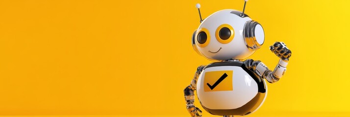 Fototapeta premium A cheerful, 3D robot with a check mark on its chest, standing against a vibrant yellow background. The robot symbolizes success, approval, and efficiency in artificial intelligence.