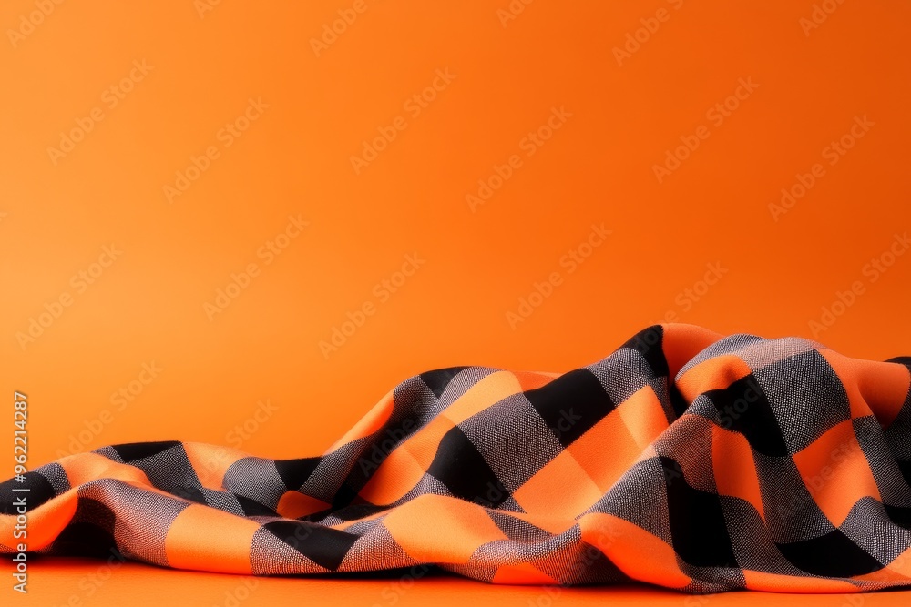 Poster a checkered fabric in orange and black is draped over an orange background, creating a simple yet el