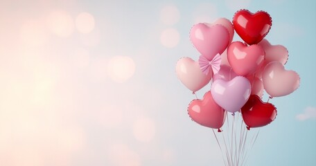 A beautiful bouquet of heart-shaped balloons in red and pink hues, tied with a ribbon