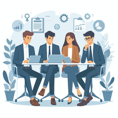 Partners meeting for business discussion with documents and laptop on desk. Couple at round table, speaking, discussing work, partnership. Flat vector illustration isolated on white background