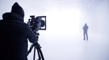 Fototapeta premium Behind the Scenes at a Dynamic Film Studio, showcasing silhouette figures engaged in creative collaboration amidst a vibrant production set with professional lighting.