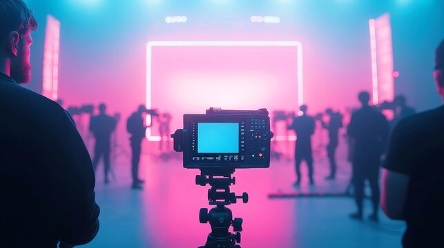 Dynamic studio environment showcasing silhouetted individuals engaged in film production, featuring a professional set and advanced lighting for video projects.