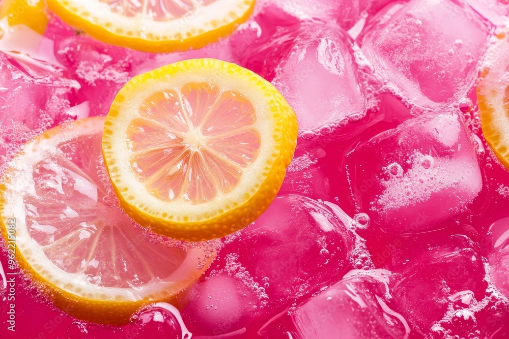 Aufkleber a close-up image of pink lemonade with lemon slices and ice. the drink is bubbling and the ice is me