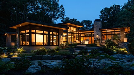 Fototapeta premium Modern Home With Stone Exterior and Large Windows at Night