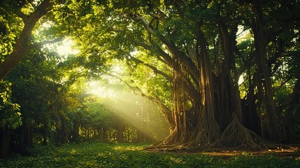 Obraz premium A lone tree towers amidst a dense forest, bathed in sunlight filtering through the surrounding foliage