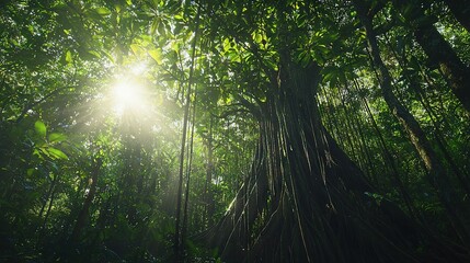 Obraz premium The sun illuminates the forest, casting light through its lush foliage of tall trees